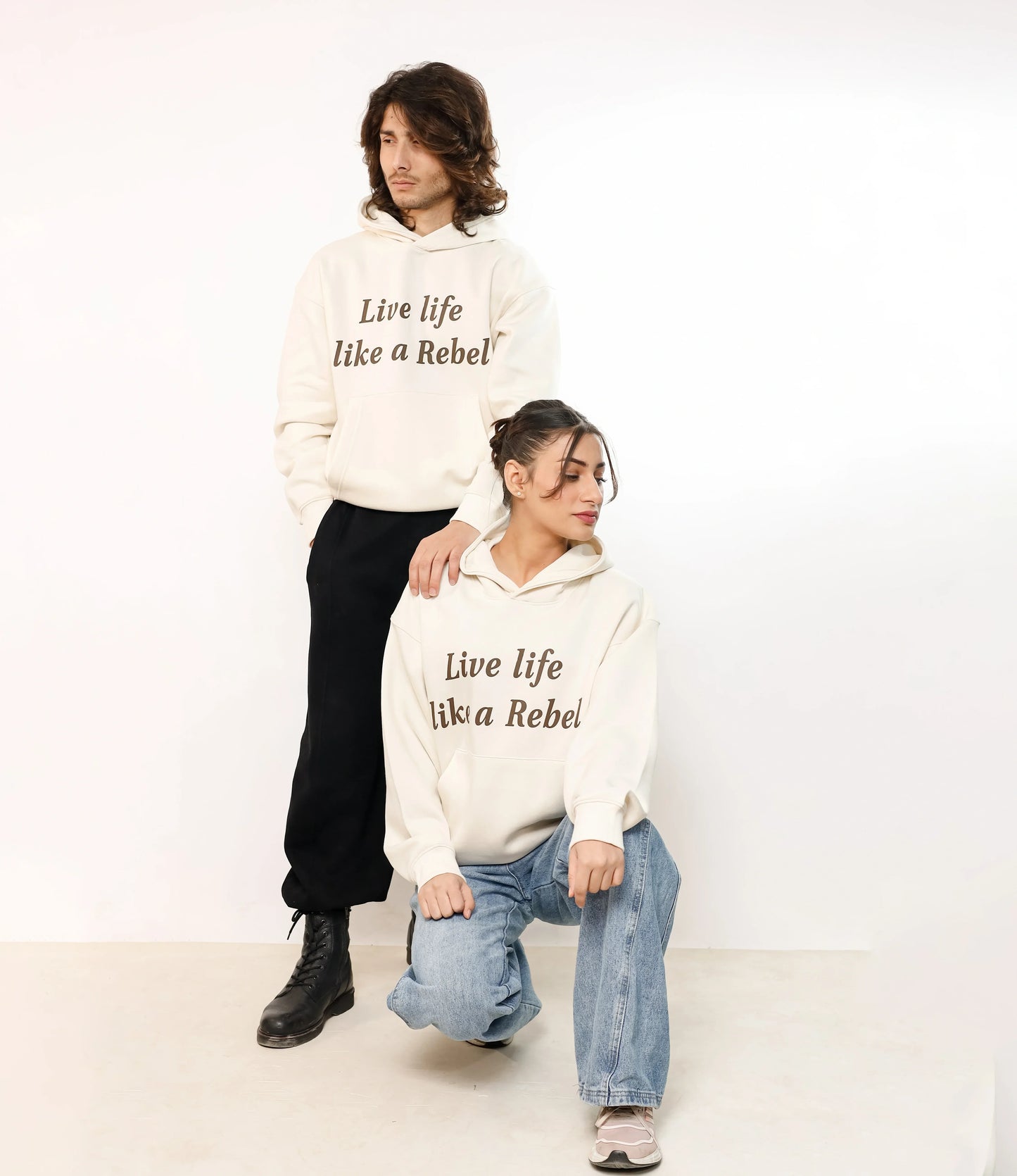 Cream White Printed Hoodie