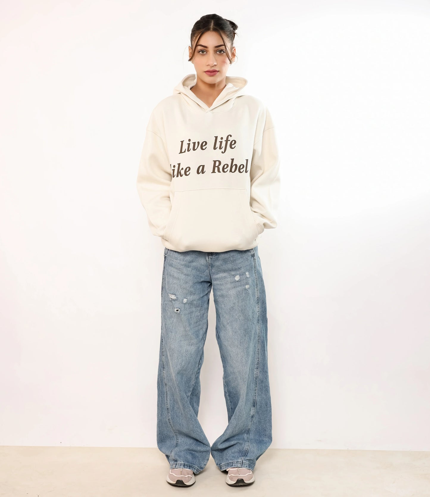 Cream White Printed Hoodie